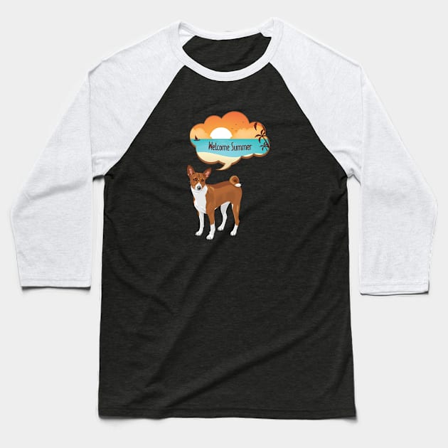 Basenji Dog with Welcome Summer Beach Sunset Bubble Baseball T-Shirt by Seasonal Dogs